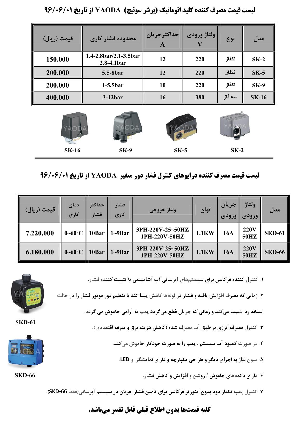 ليست قيمت كليد اتوماتيك YAODA